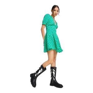TOPSHOP Spot Swing Tea Dress Size 8 Green Dot Flirty Unlined V-Neck $74 side zip